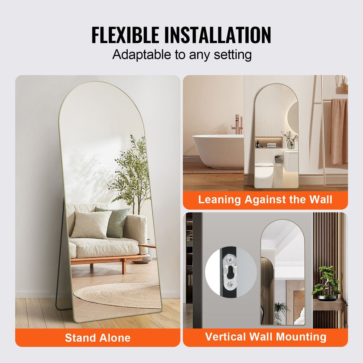Arched Full Length Mirror, 71'' x 30'', Large Free Standing Leaning Hanging Wall Mounted Floor Mirror with Stand Aluminum Alloy Frame, Full Body Dressing Mirror for Living Room Bedroom, Black