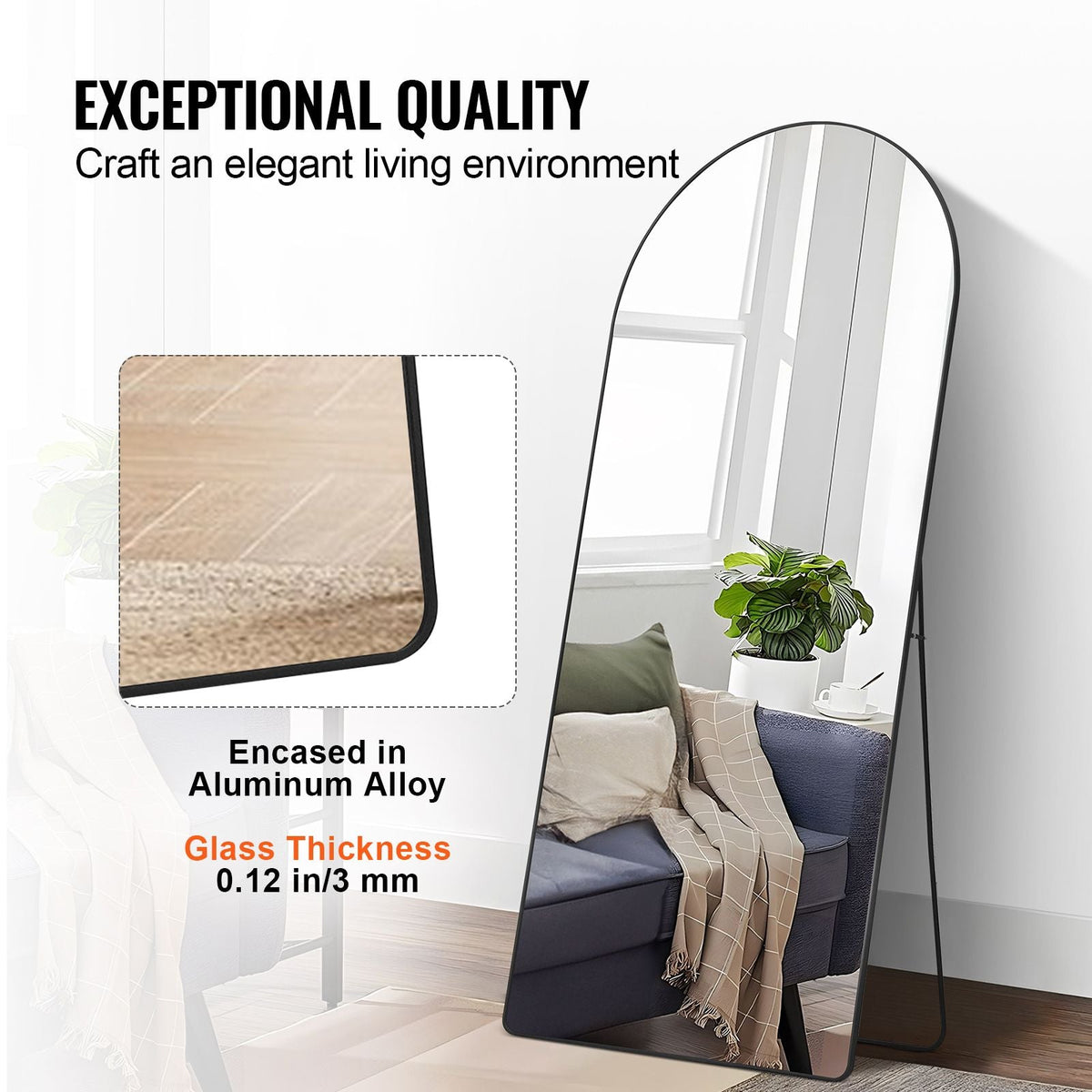 Arched Full Length Mirror, 71'' x 32'', Large Free Standing Leaning Hanging Wall Mounted Floor Mirror with Stand Aluminum Alloy Frame, Full Body Dressing Mirror for Living Room Bedroom, Black
