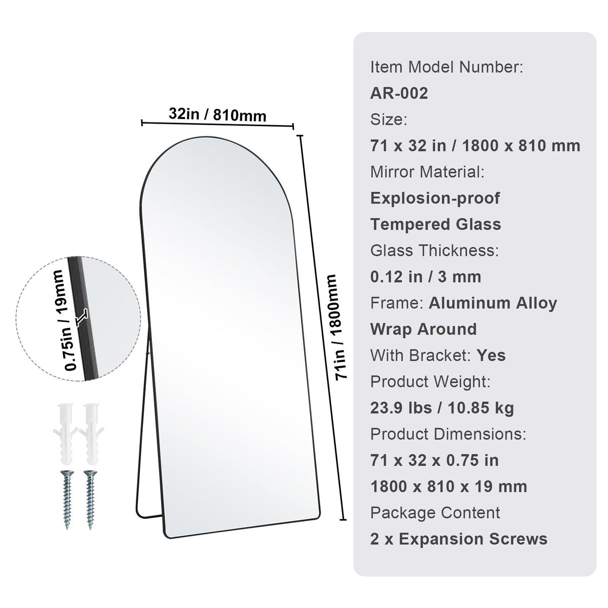 Arched Full Length Mirror, 71'' x 32'', Large Free Standing Leaning Hanging Wall Mounted Floor Mirror with Stand Aluminum Alloy Frame, Full Body Dressing Mirror for Living Room Bedroom, Black