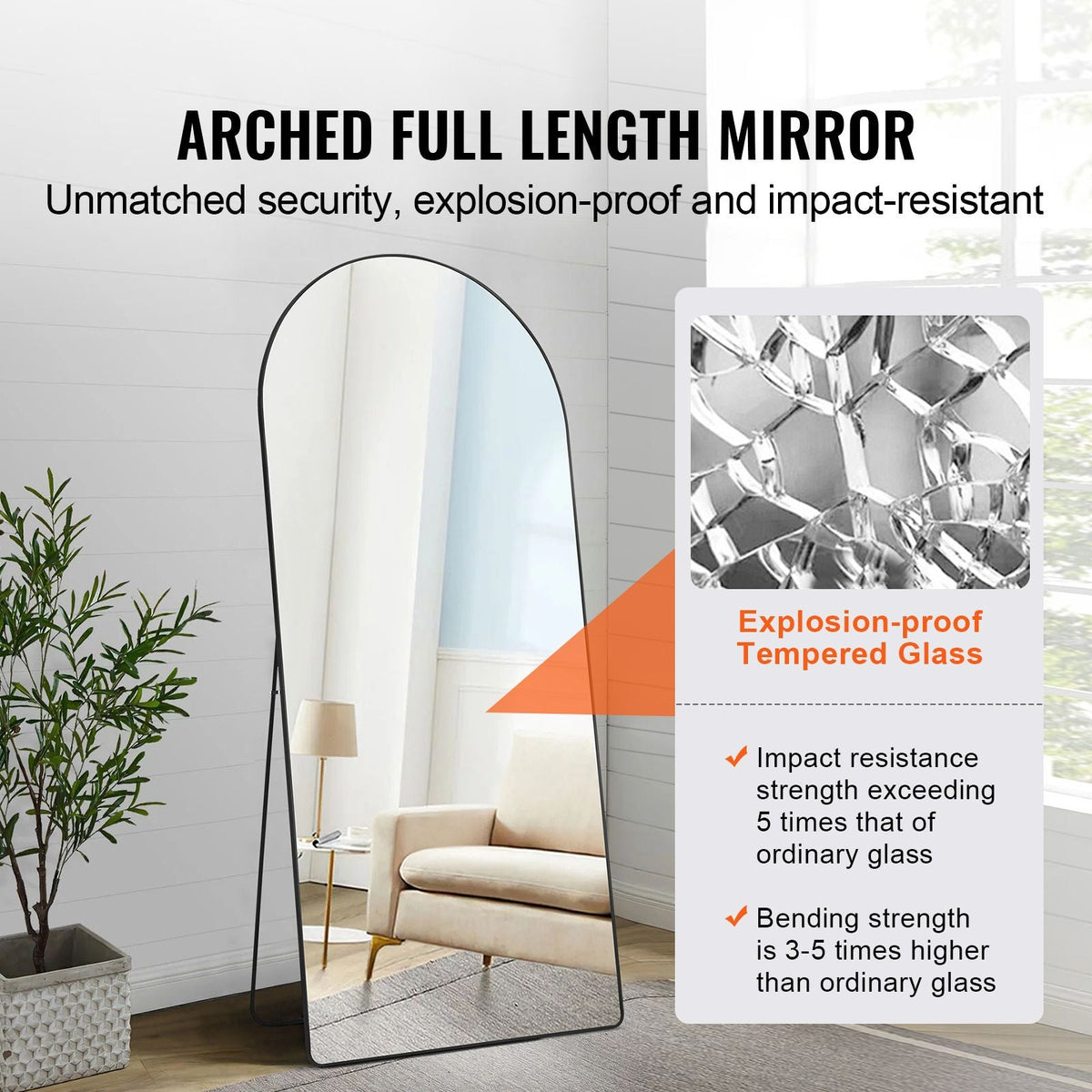 Arched Full Length Mirror, 71'' x 32'', Large Free Standing Leaning Hanging Wall Mounted Floor Mirror with Stand Aluminum Alloy Frame, Full Body Dressing Mirror for Living Room Bedroom, Black