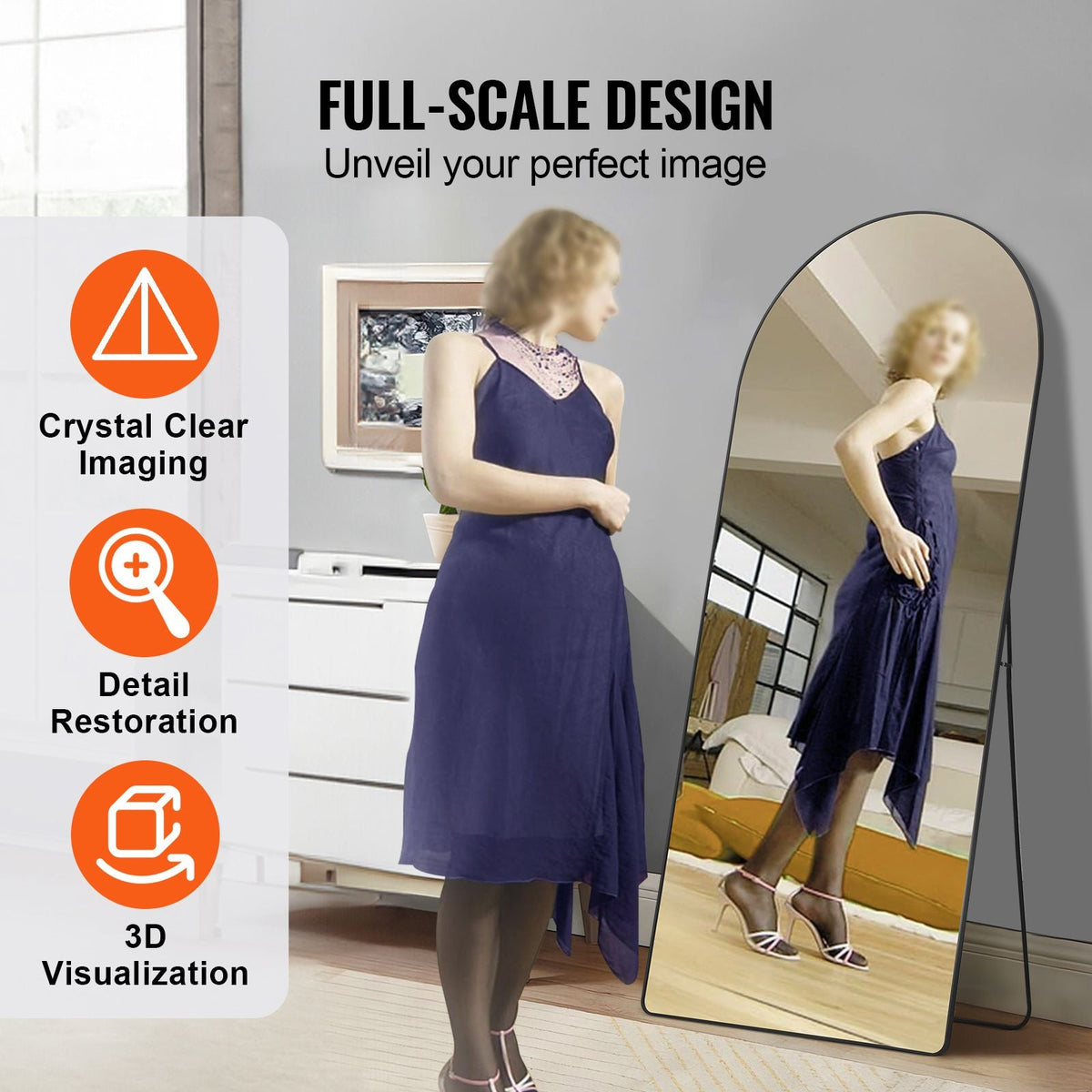 Arched Full Length Mirror, 71'' x 32'', Large Free Standing Leaning Hanging Wall Mounted Floor Mirror with Stand Aluminum Alloy Frame, Full Body Dressing Mirror for Living Room Bedroom, Black