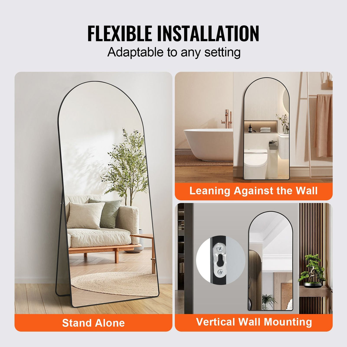 Arched Full Length Mirror, 71'' x 32'', Large Free Standing Leaning Hanging Wall Mounted Floor Mirror with Stand Aluminum Alloy Frame, Full Body Dressing Mirror for Living Room Bedroom, Black