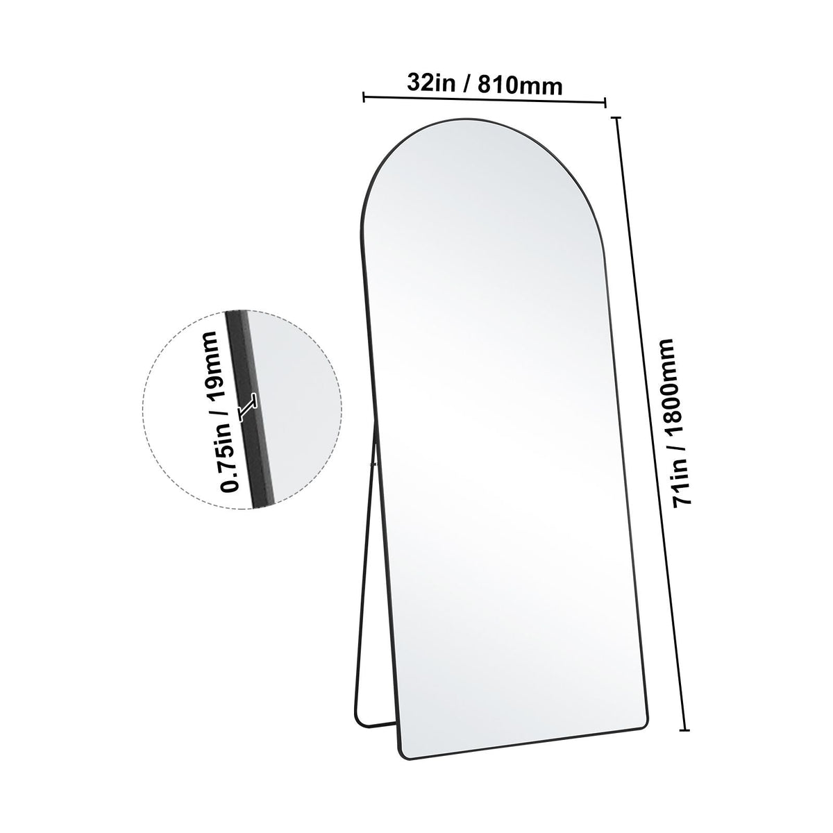 Arched Full Length Mirror, 71'' x 32'', Large Free Standing Leaning Hanging Wall Mounted Floor Mirror with Stand Aluminum Alloy Frame, Full Body Dressing Mirror for Living Room Bedroom, Black