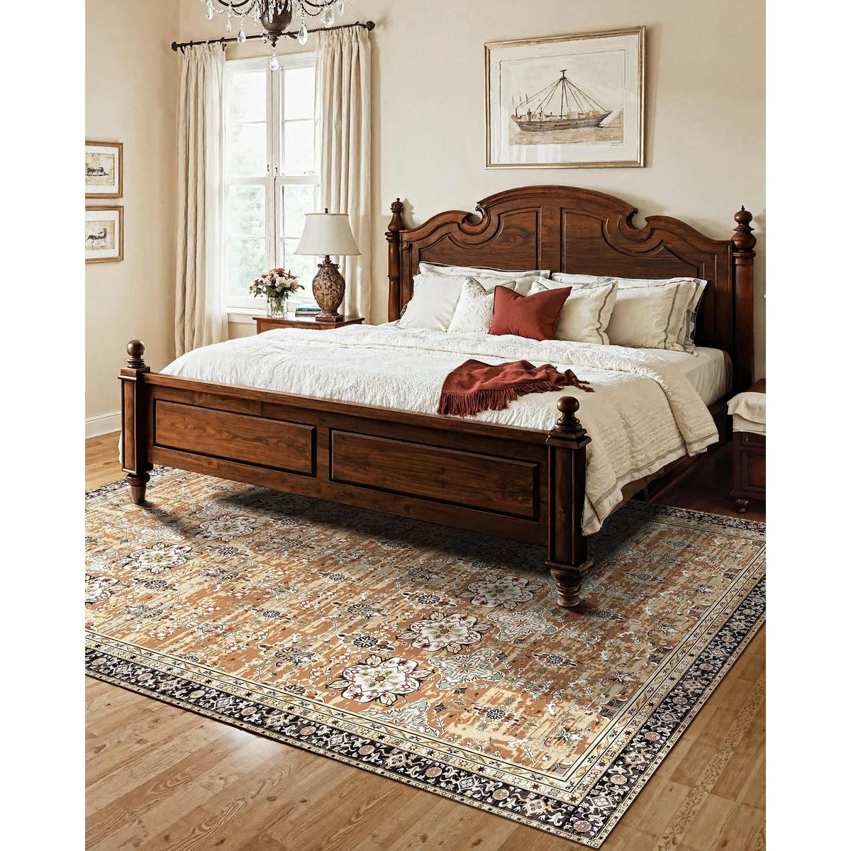 Area Rug, 7.5 x 9.5 ft Large Washable Rug, Non-Slip and Tear-Resistant Soft Carpet, Pet & Child Friendly Vintage Area Rugs, Indoor Mat for Bedroom, Living Room, Office, Entryway, Brown Green
