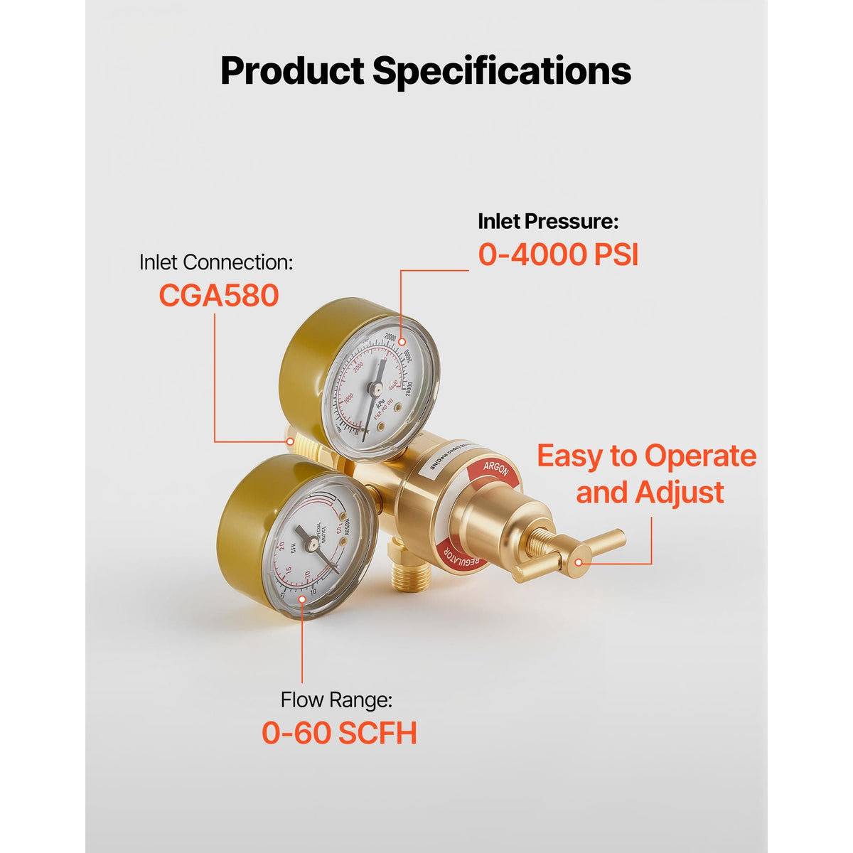 Argon Regulator Gauge, Argon CO2 Regulator Welding Gas Gauges for TIG/MIG Welding - with 8.2FT Rubber Hoses, 0-60 SCFH, 0-4000 PSI Inlet Pressure, CGA580 Inlet Connection