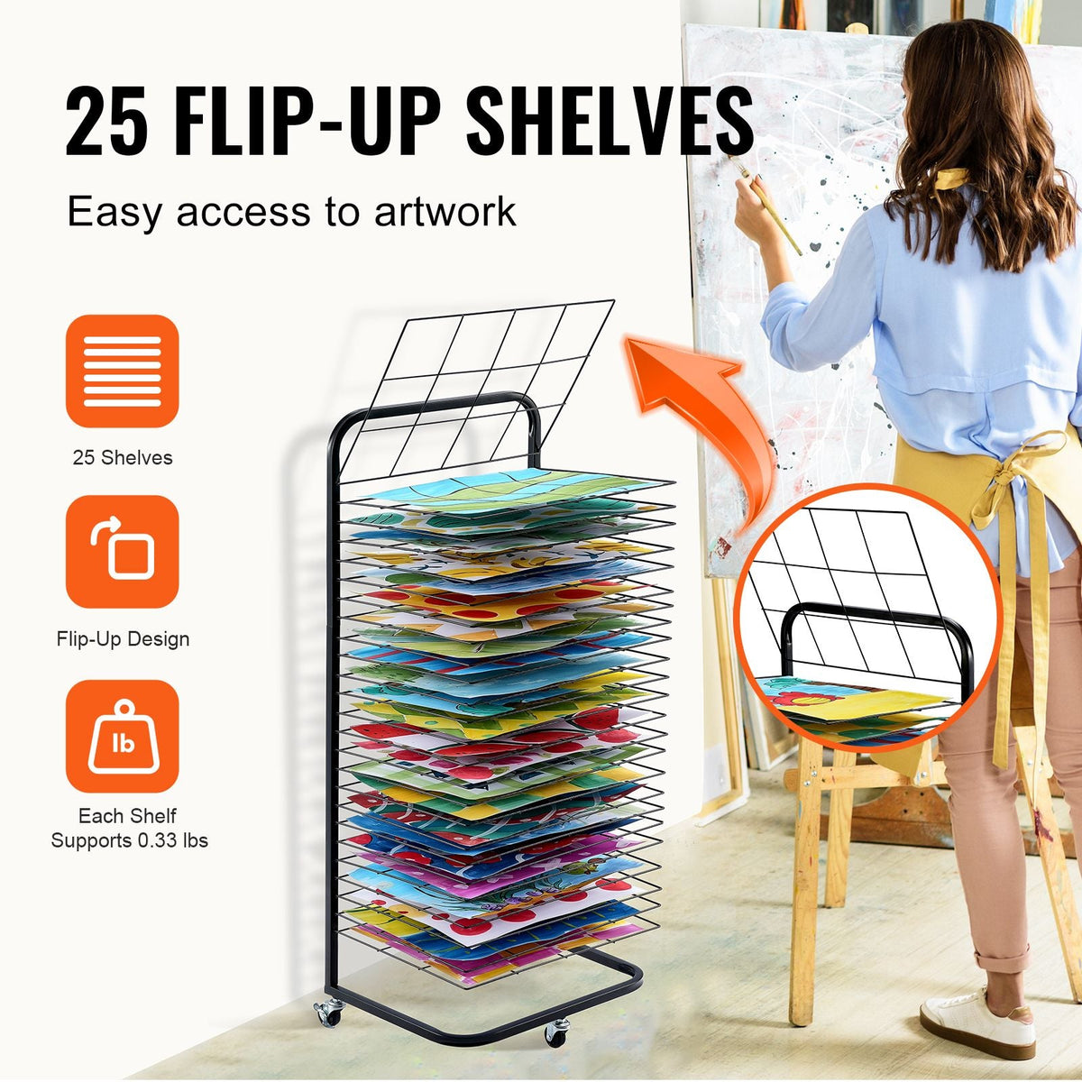 Art Drying Rack, 25 Removable Shelves 17 x 13 x 39.4 inch Paint Drying Rack With Lockable Wheels, Carbon Steel Painting Drying Rack for Artwork in Classroom, Art Studios and Schools, Black