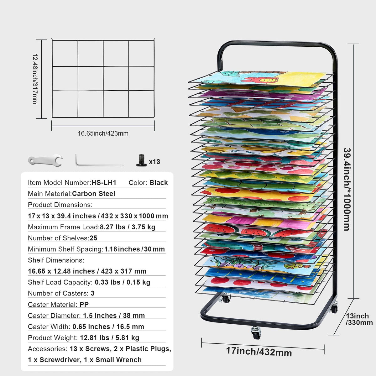 Art Drying Rack, 25 Removable Shelves 17 x 13 x 39.4 inch Paint Drying Rack With Lockable Wheels, Carbon Steel Painting Drying Rack for Artwork in Classroom, Art Studios and Schools, Black
