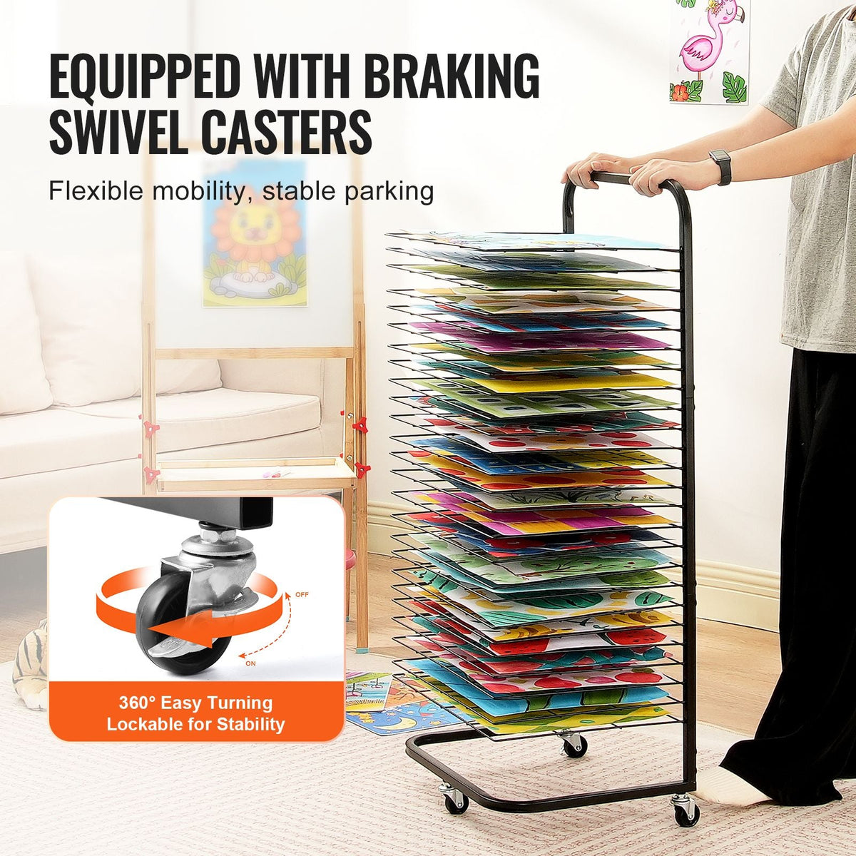 Art Drying Rack, 25 Removable Shelves 17 x 13 x 39.4 inch Paint Drying Rack With Lockable Wheels, Carbon Steel Painting Drying Rack for Artwork in Classroom, Art Studios and Schools, Black