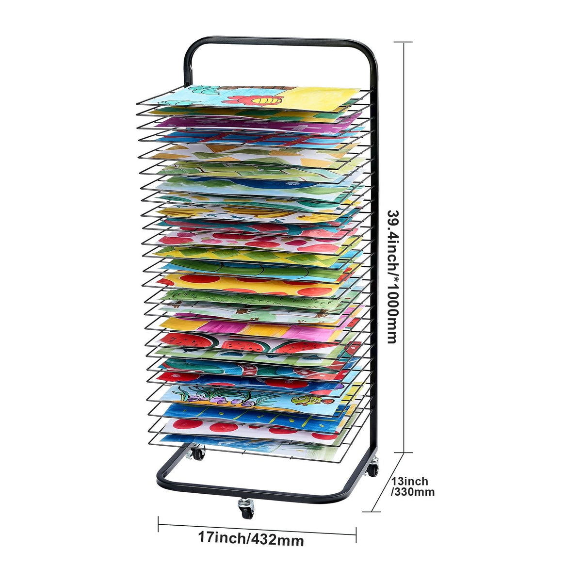 Art Drying Rack, 25 Removable Shelves 17 x 13 x 39.4 inch Paint Drying Rack With Lockable Wheels, Carbon Steel Painting Drying Rack for Artwork in Classroom, Art Studios and Schools, Black