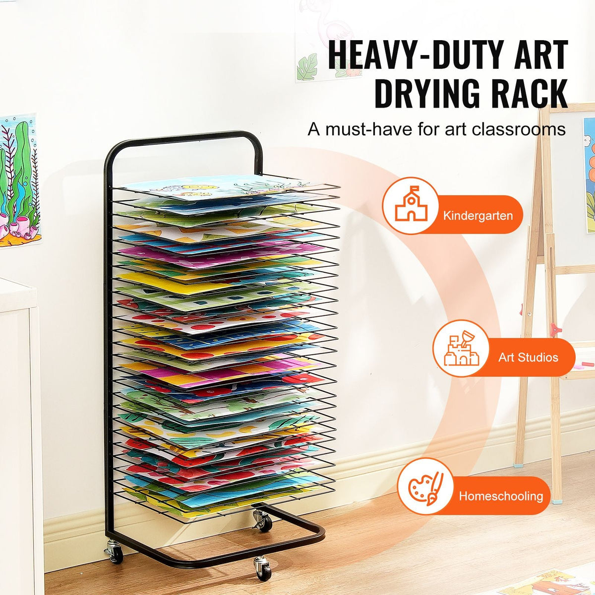 Art Drying Rack, 25 Removable Shelves 17 x 13 x 39.4 inch Paint Drying Rack With Lockable Wheels, Carbon Steel Painting Drying Rack for Artwork in Classroom, Art Studios and Schools, Black