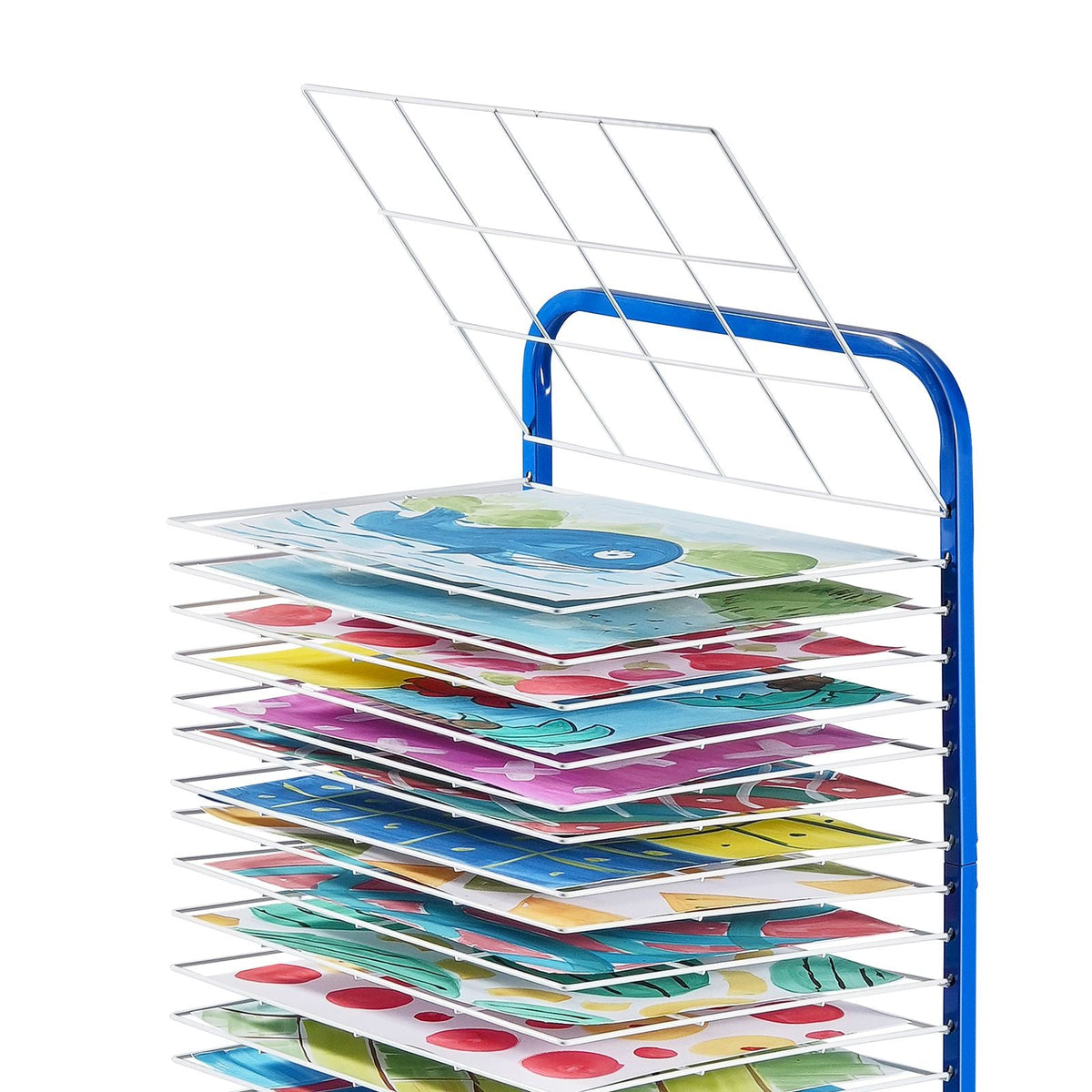 Art Drying Rack, 25 Removable Shelves 17 x 13 x 39.4 inch Paint Drying Rack With Lockable Wheels, Carbon Steel Painting Drying Rack for Artwork in Classroom, Art Studios and Schools, Blue+White