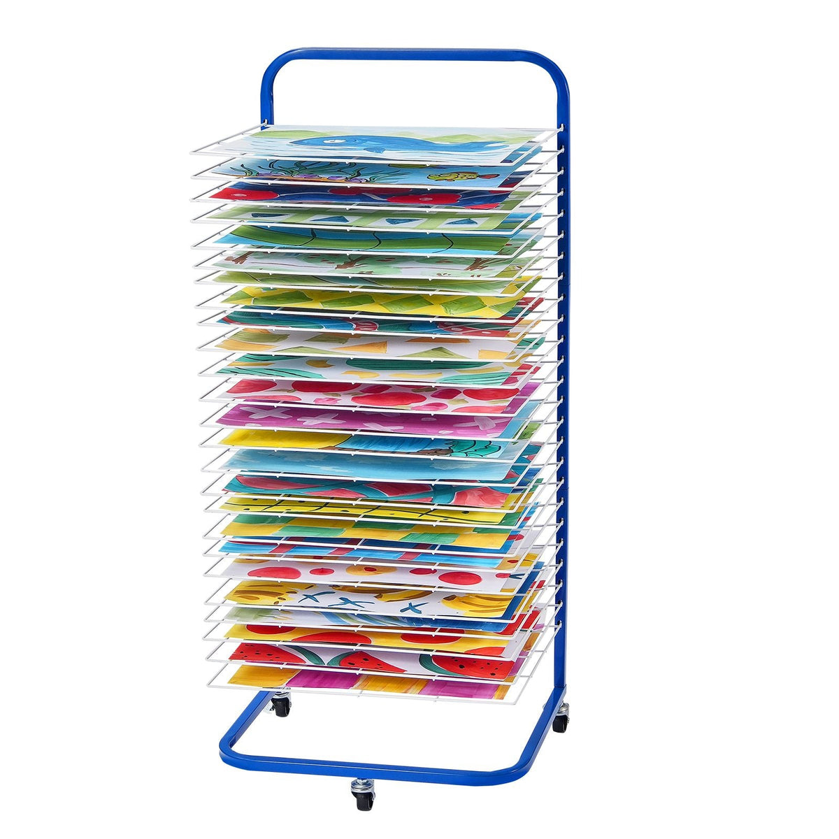 Art Drying Rack, 25 Removable Shelves 17 x 13 x 39.4 inch Paint Drying Rack With Lockable Wheels, Carbon Steel Painting Drying Rack for Artwork in Classroom, Art Studios and Schools, Blue+White
