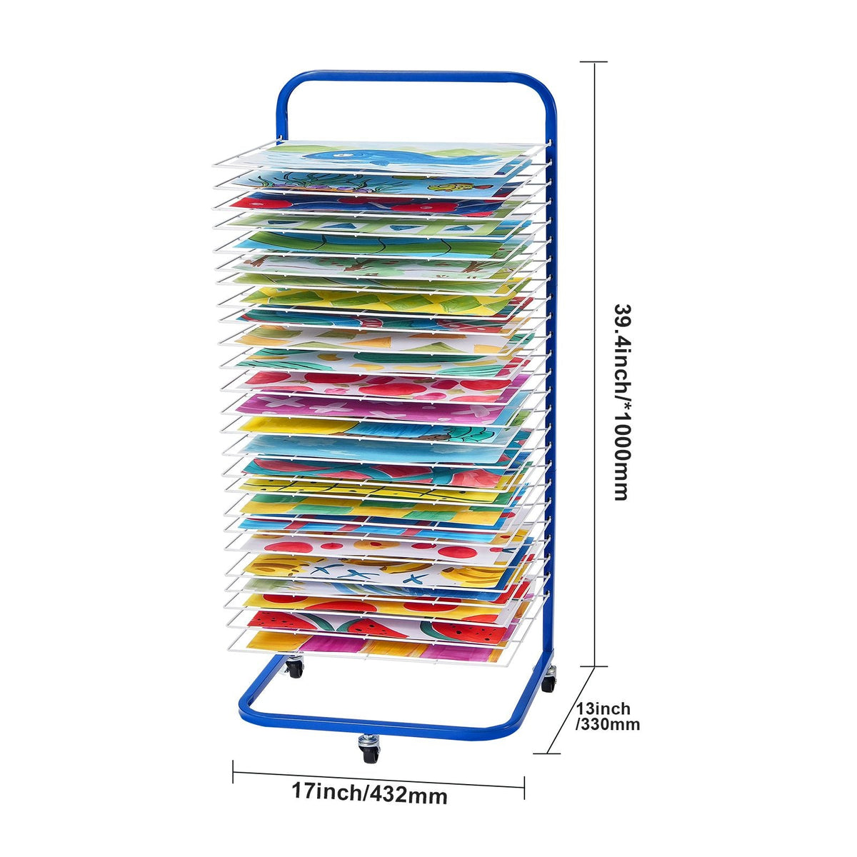 Art Drying Rack, 25 Removable Shelves 17 x 13 x 39.4 inch Paint Drying Rack With Lockable Wheels, Carbon Steel Painting Drying Rack for Artwork in Classroom, Art Studios and Schools, Blue+White