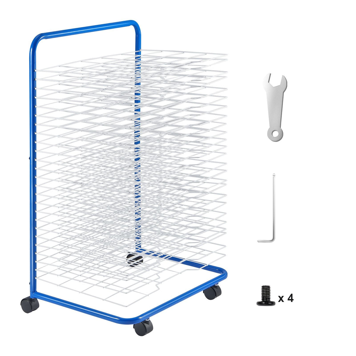 Art Drying Rack, 25 Removable Shelves 23.75 x 17.5 x 38 inch Paint Drying Rack With Lockable Wheels, Carbon Steel Painting Drying Rack for Artwork in Classroom, Art Studios, Schools, Blue+White