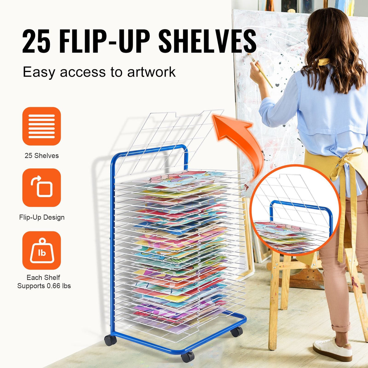 Art Drying Rack, 25 Removable Shelves 23.75 x 17.5 x 38 inch Paint Drying Rack With Lockable Wheels, Carbon Steel Painting Drying Rack for Artwork in Classroom, Art Studios, Schools, Blue+White