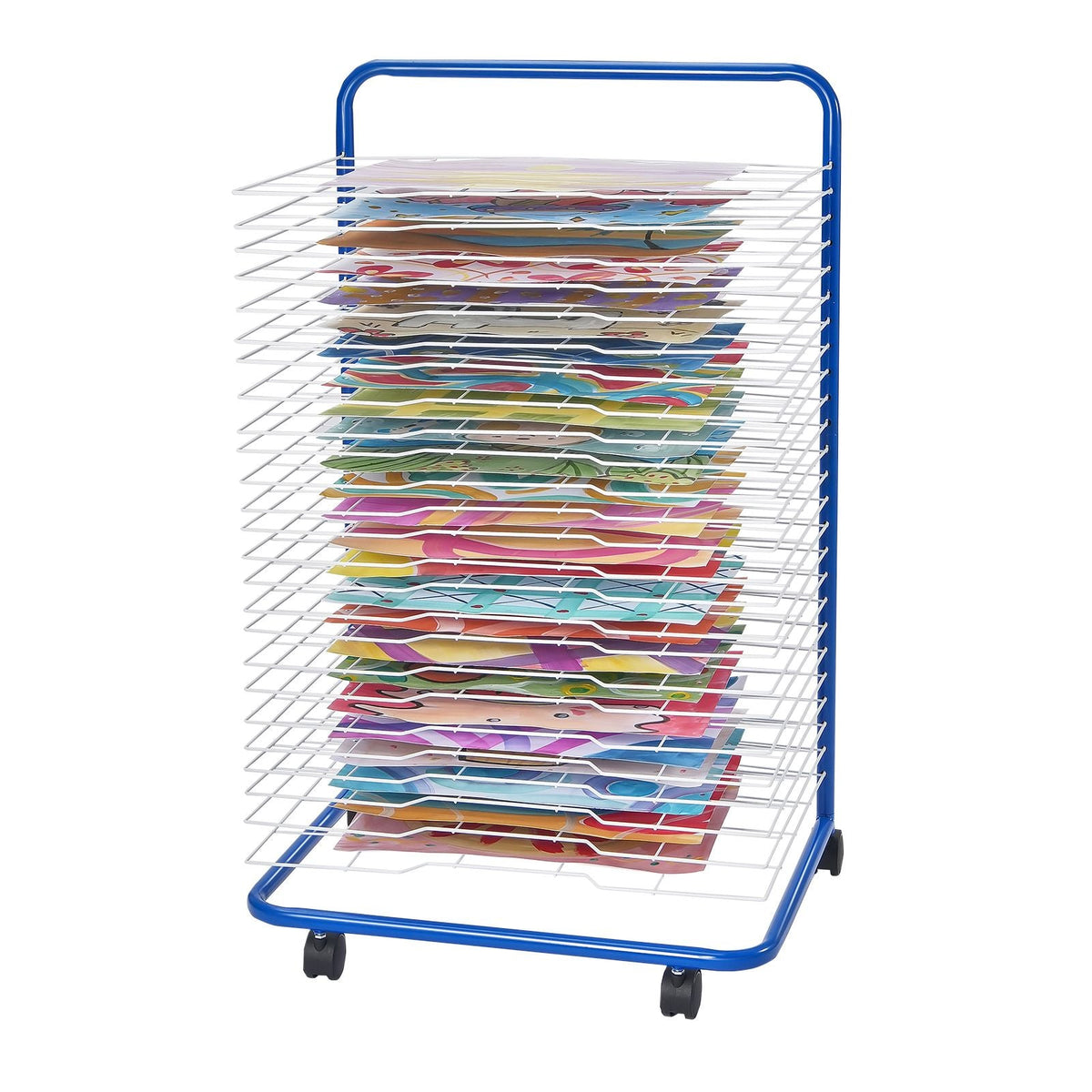 Art Drying Rack, 25 Removable Shelves 23.75 x 17.5 x 38 inch Paint Drying Rack With Lockable Wheels, Carbon Steel Painting Drying Rack for Artwork in Classroom, Art Studios, Schools, Blue+White