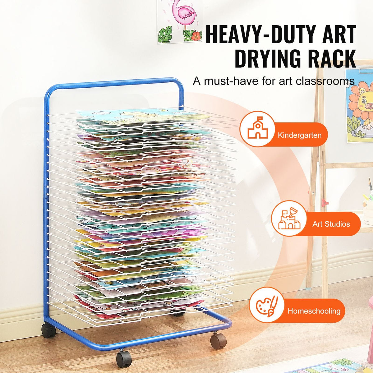 Art Drying Rack, 25 Removable Shelves 23.75 x 17.5 x 38 inch Paint Drying Rack With Lockable Wheels, Carbon Steel Painting Drying Rack for Artwork in Classroom, Art Studios, Schools, Blue+White