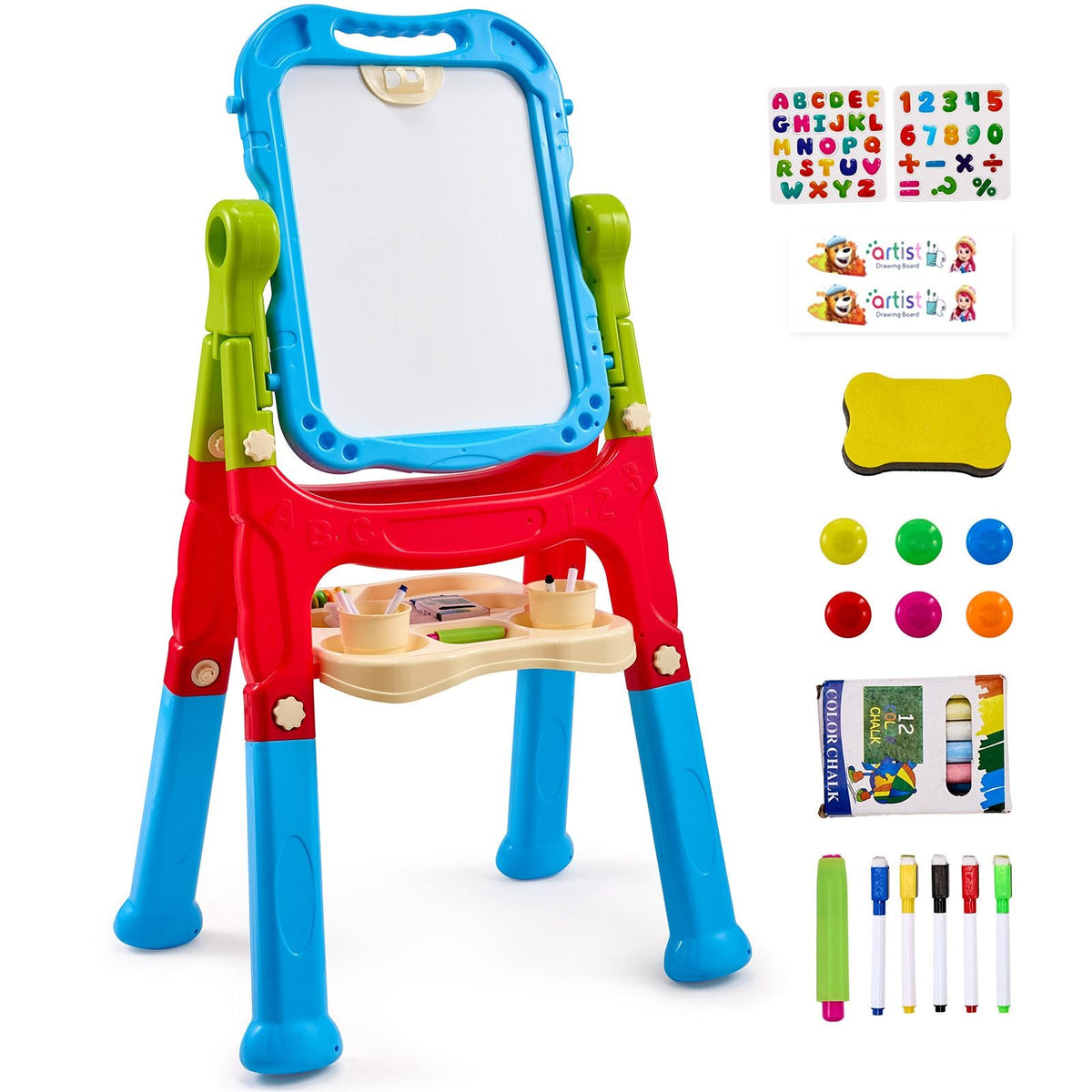 Art Easel for Kids, 2-in-1 Double-Sided Kid's Art Easel with Magnetic Whiteboard & Chalkboard, Adjustable Standing Rotatable Removable Drawing Board with Painting Accessories for Boys and Girls