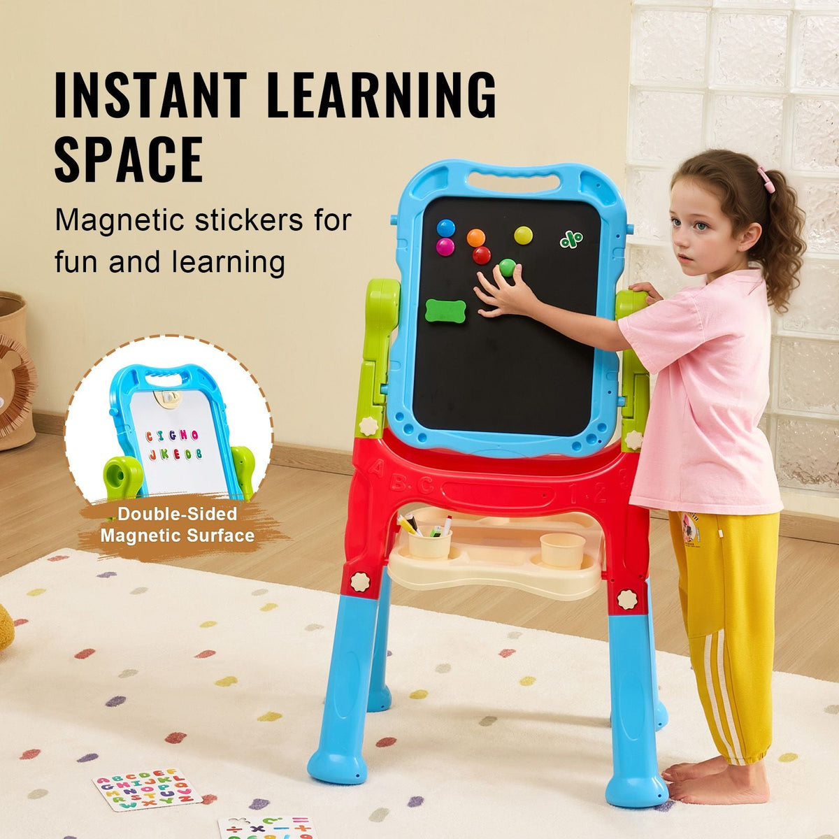 Art Easel for Kids, 2-in-1 Double-Sided Kid's Art Easel with Magnetic Whiteboard & Chalkboard, Adjustable Standing Rotatable Removable Drawing Board with Painting Accessories for Boys and Girls