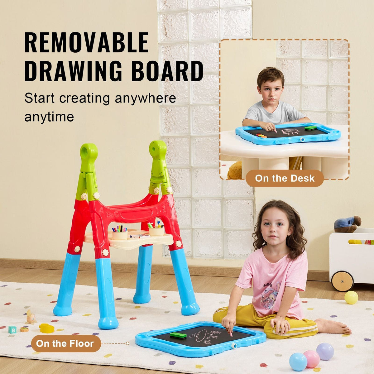 Art Easel for Kids, 2-in-1 Double-Sided Kid's Art Easel with Magnetic Whiteboard & Chalkboard, Adjustable Standing Rotatable Removable Drawing Board with Painting Accessories for Boys and Girls