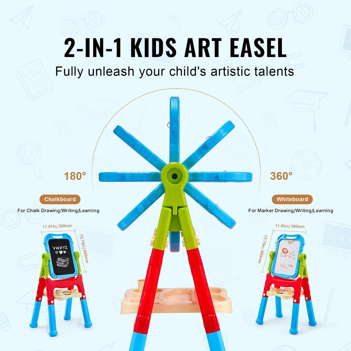 Art Easel for Kids, 2-in-1 Double-Sided Kid's Art Easel with Magnetic Whiteboard & Chalkboard, Adjustable Standing Rotatable Removable Drawing Board with Painting Accessories for Boys and Girls