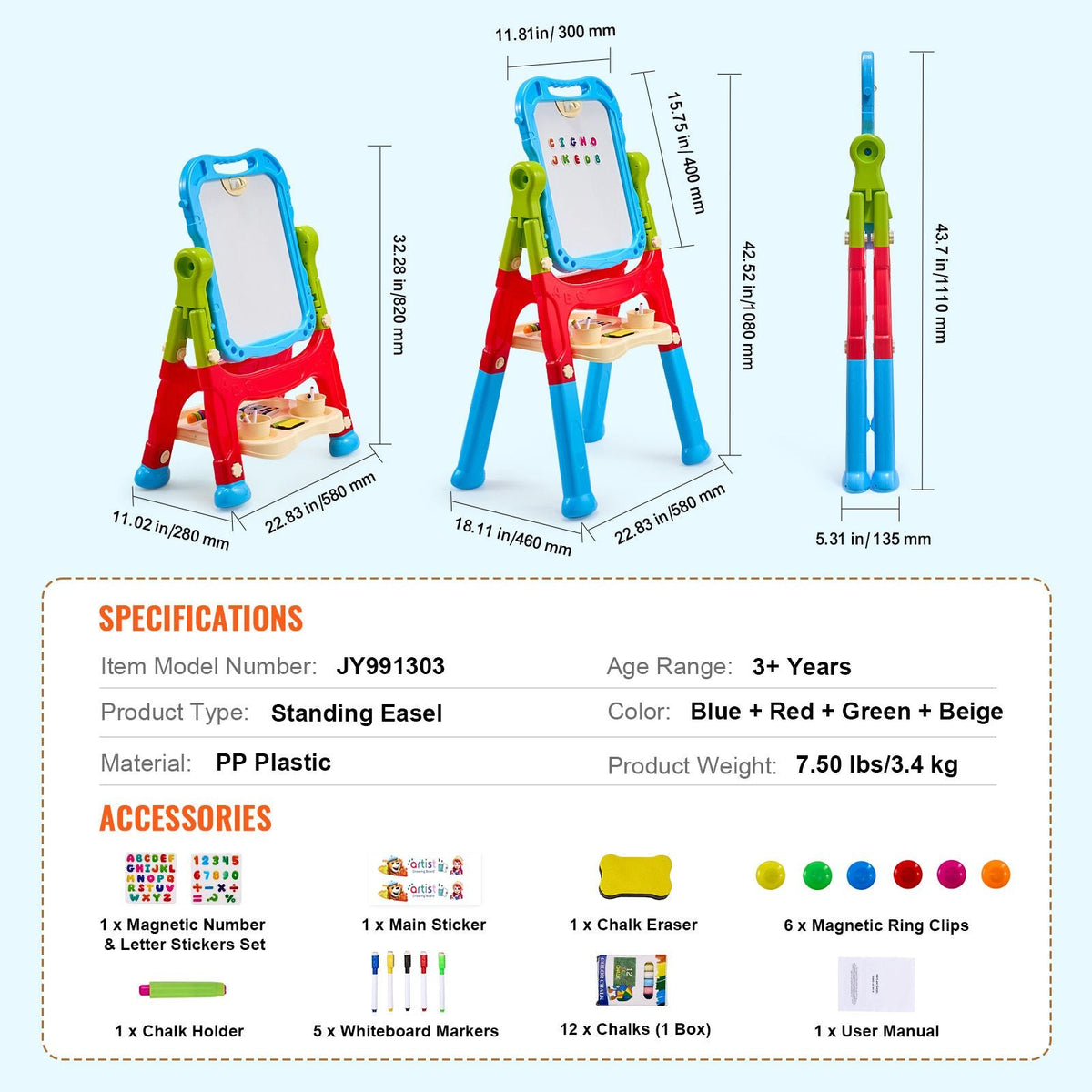 Art Easel for Kids, 2-in-1 Double-Sided Kid's Art Easel with Magnetic Whiteboard & Chalkboard, Adjustable Standing Rotatable Removable Drawing Board with Painting Accessories for Boys and Girls
