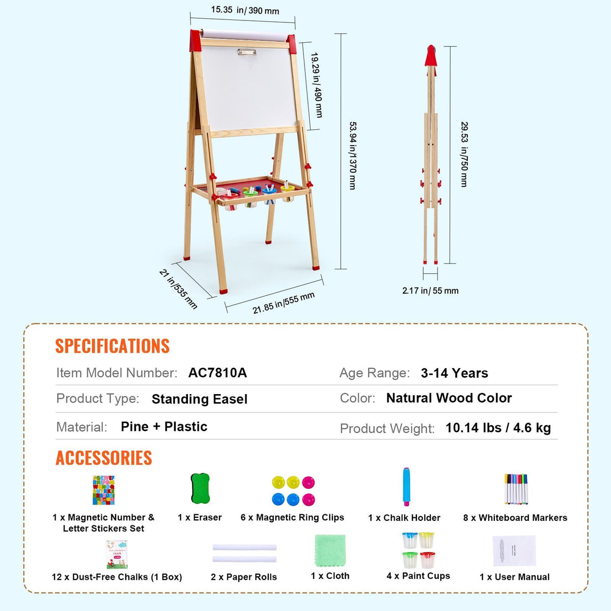 Art Easel for Kids, 3-in-1 Wooden Double-Sided Kid's Art Easel with Magnetic Whiteboard, Chalkboard & Paper Roll, Adjustable Standing Drawing Board with Painting Accessories for Boys and Girls