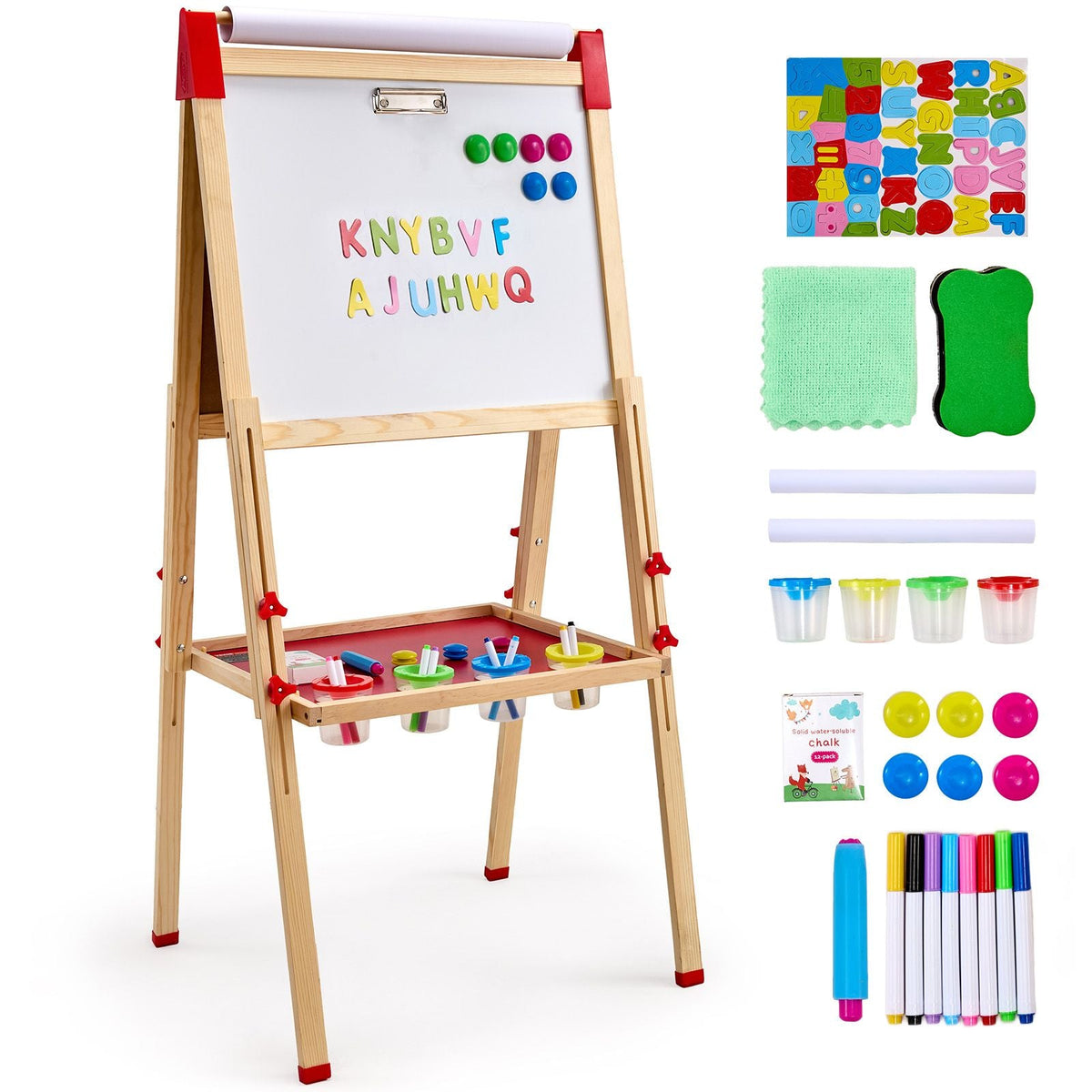 Art Easel for Kids, 3-in-1 Wooden Double-Sided Kid's Art Easel with Magnetic Whiteboard, Chalkboard & Paper Roll, Adjustable Standing Drawing Board with Painting Accessories for Boys and Girls