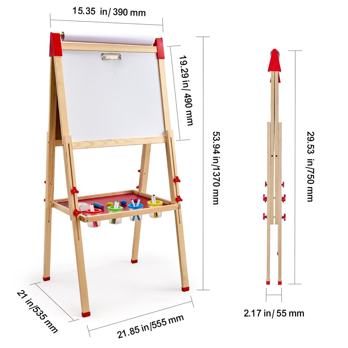 Art Easel for Kids, 3-in-1 Wooden Double-Sided Kid's Art Easel with Magnetic Whiteboard, Chalkboard & Paper Roll, Adjustable Standing Drawing Board with Painting Accessories for Boys and Girls