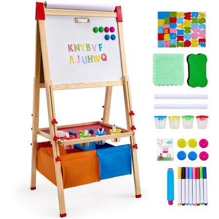 Art Easel for Kids, 3-in-1 Wooden Double-Sided Kid's Art Easel with Magnetic Whiteboard, Chalkboard, Paper Roll, Adjustable Standing Drawing Board with Painting Accessories, Storage for Boy Girl