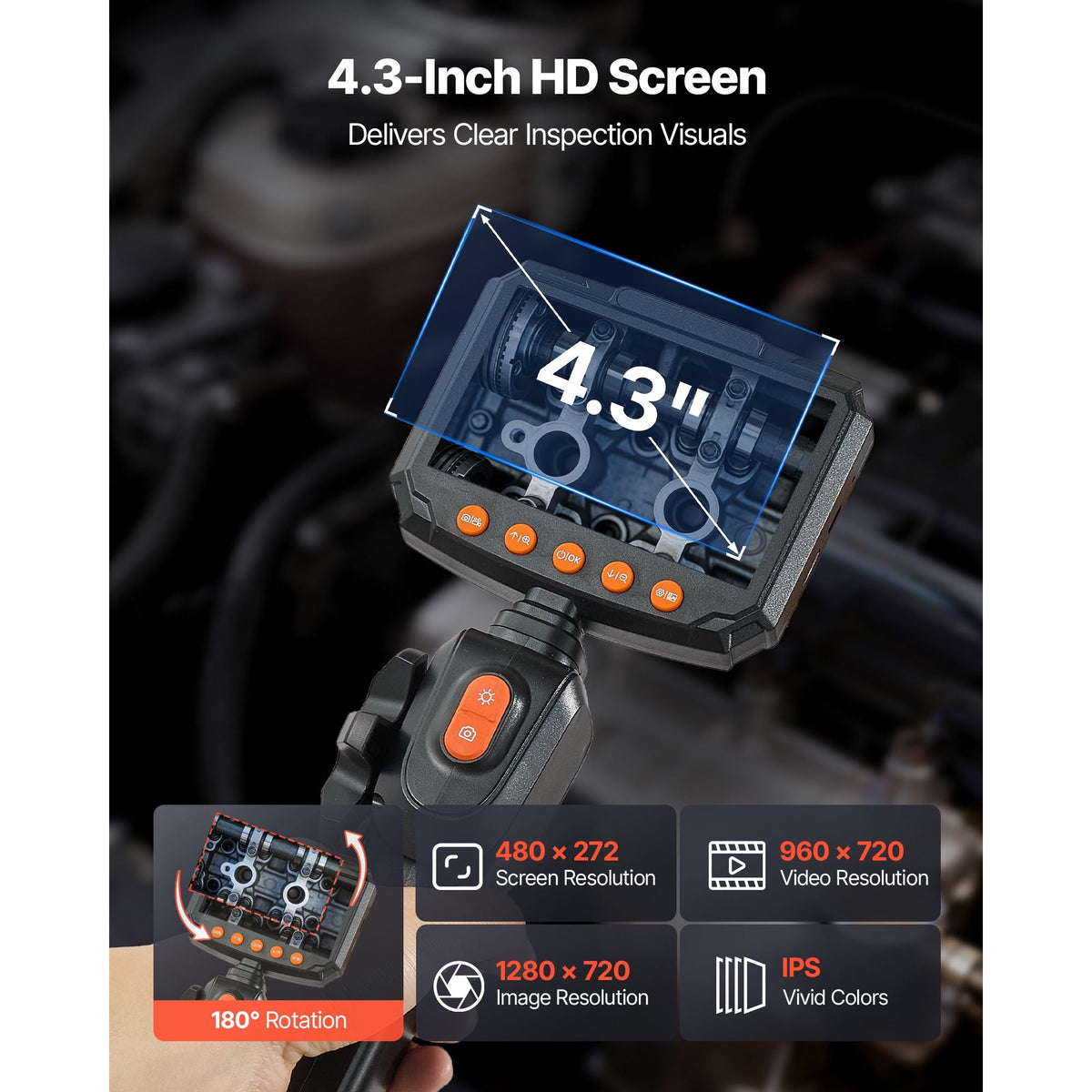 Articulating Borescope Camera with Light, Two-Way Articulated Endoscope, 0.24" Slim Lens, 4.3" IPS Screen, 8X Zoom, IP67 Waterproof Inspection Camera for Auto, Mechanical Equipment (4.9FT Cable)