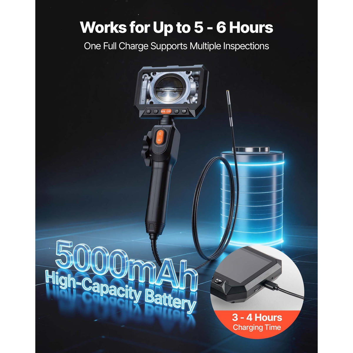 Articulating Borescope with 0.15" Ultra Slim Lens, Two-Way Articulated Endoscope with Light, 5" HD IPS Screen, 8X Zoom, 5000mAh Inspection Camera for Auto, Tight Mechanical Spaces (4.9FT Cable)