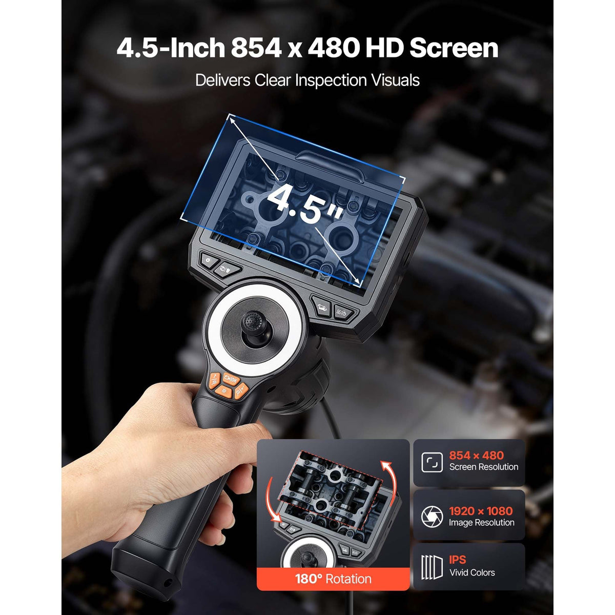 Articulating Borescope with 3.9mm Ultra Slim Lens, 4-Way 360° Articulated Endoscope with Light, 4.5" HD IPS Screen, 8X Zoom Inspection Camera for Auto, Tight Mechanical Equipment (4.9FT Cable)