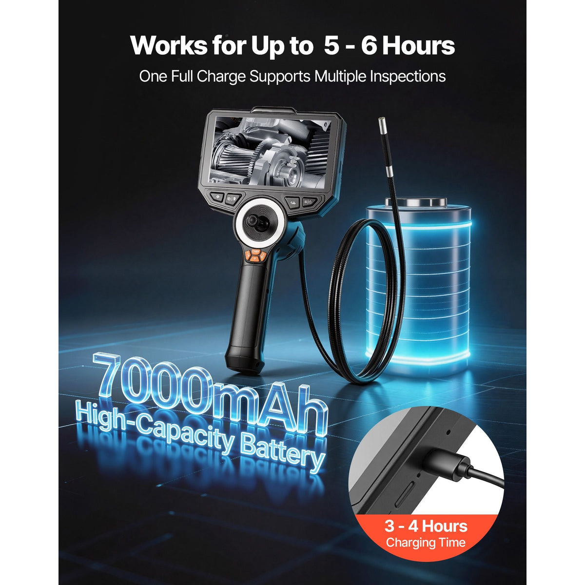 Articulating Endoscope with Light, 4-Way 360° Articulated Borescope Camera, 0.24" Slim Lens 1920 x 1080, 6" HD IPS Screen, 7000mAh Battery, IP67 Waterproof for Automotive & Mechanical Inspection