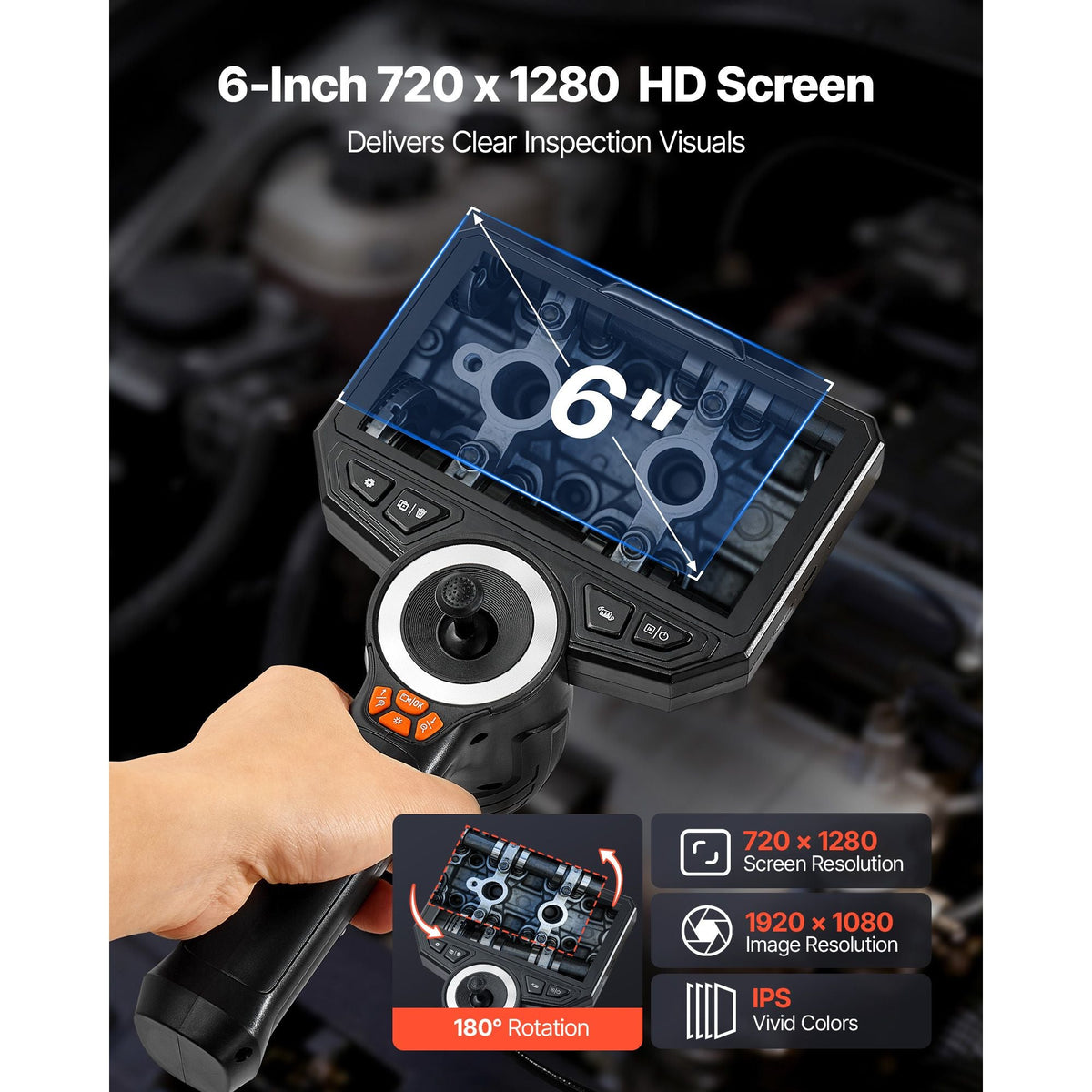 Articulating Endoscope with Light, 4-Way 360° Articulated Borescope Camera, 0.24" Slim Lens 1920 x 1080, 6" HD IPS Screen, 7000mAh Battery, IP67 Waterproof for Automotive & Mechanical Inspection