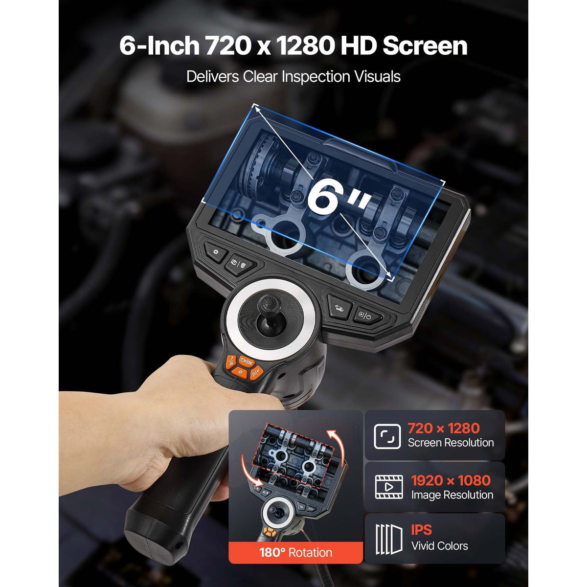 Articulating Endoscope with Light, 4-Way 360° Articulated Borescope Camera, 6" HD IPS Screen, 1920 x 1080 Lens, 8X Zoom, 7000mAh Battery, IP67 Waterproof for Auto, Plumbing (4.9FT Snake Cable)