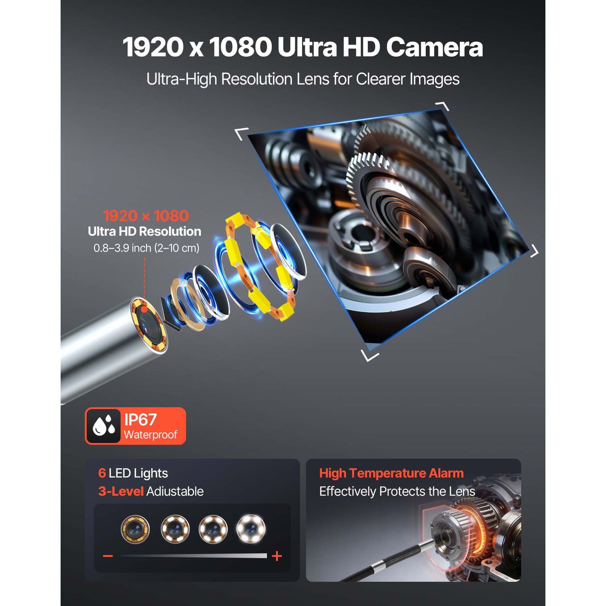 Articulating Endoscope with Light, 4-Way 360° Articulated Borescope Camera, 6" HD IPS Screen, 1920 x 1080 Lens, 8X Zoom, 7000mAh Battery, IP67 Waterproof for Auto, Plumbing (4.9FT Snake Cable)