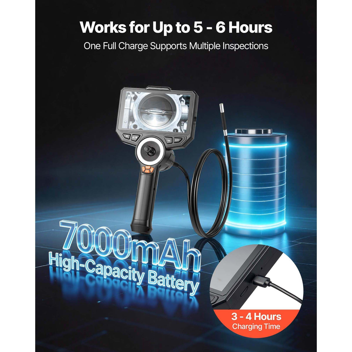 Articulating Endoscope with Light, 4-Way 360° Articulated Borescope Camera, 6" HD IPS Screen, 1920 x 1080 Lens, 8X Zoom, 7000mAh Battery, IP67 Waterproof for Auto, Plumbing (4.9FT Snake Cable)