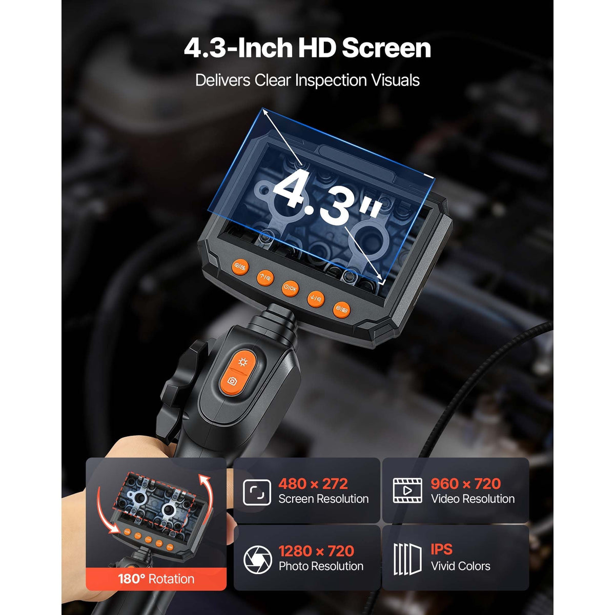Articulating Endoscope with Light, Two-Way Articulated Borescope Camera, 4.3" HD IPS Screen, 1280 x 720 Lens, 8X Zoom, IP67 Waterproof Inspection Snake Camera for Auto, Plumbing (4.9FT Cable)