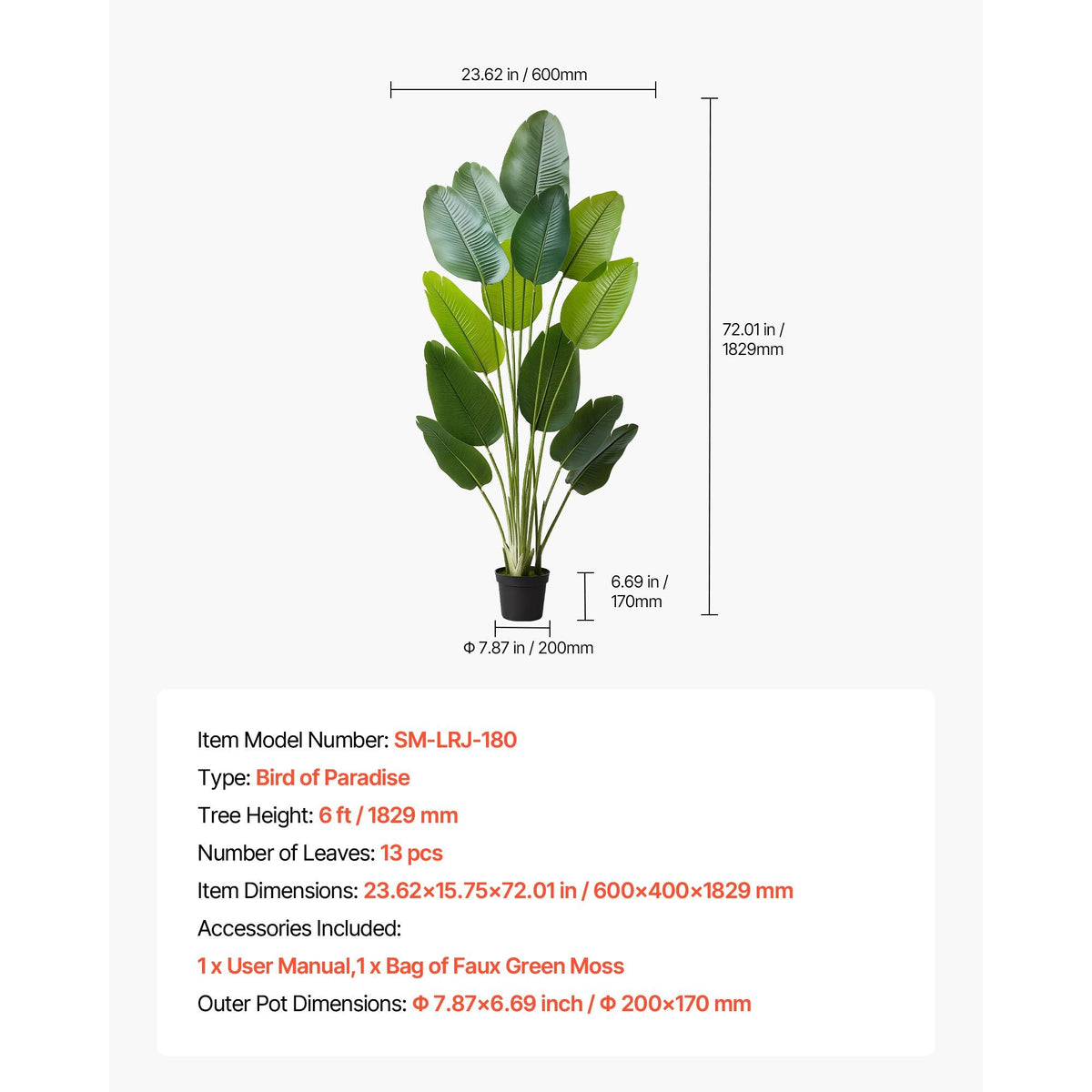 Artificial Bird of Paradise 6 ft Tall, Fake Tropical Plants with with 13 Trunks & White Pot, Faux Floor Silk Tree, Large Trees for Home Office Living Room Decor House Warming, Indoor Outdoor