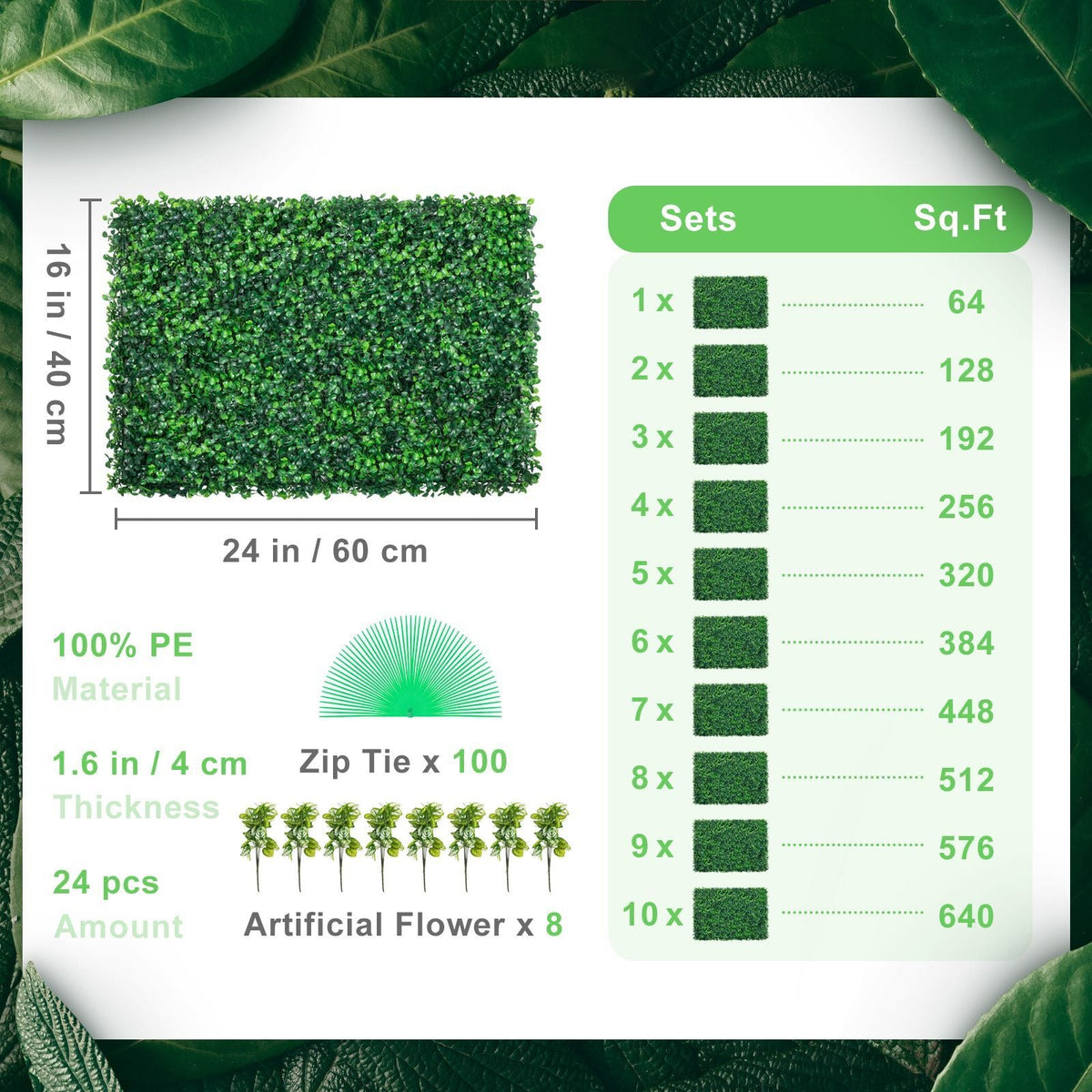 Artificial Boxwood Panel UV 24pcs Boxwood Hedge Wall Panels Artificial Grass Backdrop Wall 24\" X 16\" 4 cm Green Grass Wall, Fake Hedge for Decor Privacy Fence Indoor, Outdoor Garden Backyard