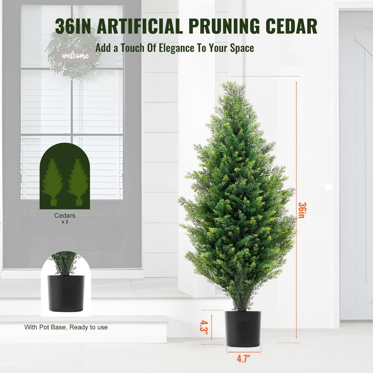 Artificial Cedar Topiary Tree, 36 inch Tall (2 Pieces), with Extra Leaves & Pot Faux Evergreen Fake Pine Cypress Trees Plant, UV Rated Artificial Greenery Set for Home Decor Indoor/Outdoor