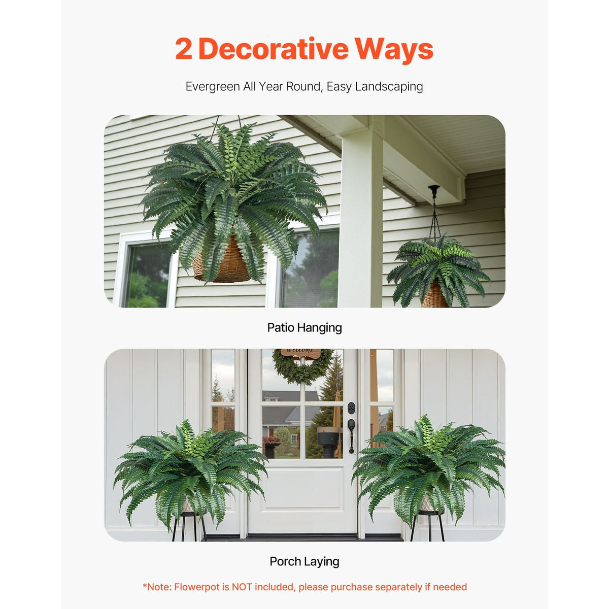 Artificial Ferns 2 Pcs, Natural Spread Diameter 43-47 Inch, Large Hanging Artificial Boston Ferns, Fake Plant Wall Decor with 50 Branches, Faux Fern for Home and Office (Flowerpot Unincluded)