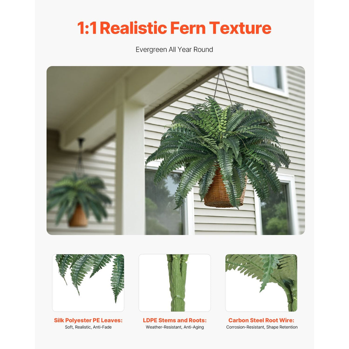 Artificial Ferns 2 Pcs, Natural Spread Diameter 43-47 Inch, Large Hanging Artificial Boston Ferns, Fake Plant Wall Decor with 50 Branches, Faux Fern for Home and Office (Flowerpot Unincluded)