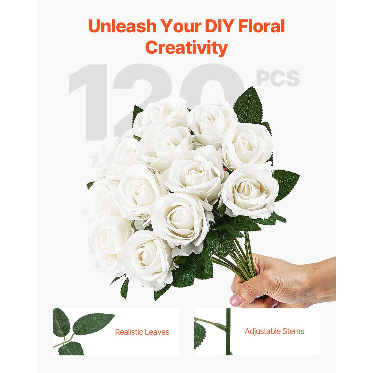 Artificial Flowers, 120 pcs Real Looking White Foam Fake Roses Bulk, White Faux Bridal Shower with Stems for DIY Wedding Bouquets, Home Centerpieces Arrangements, Party Tables Decorations