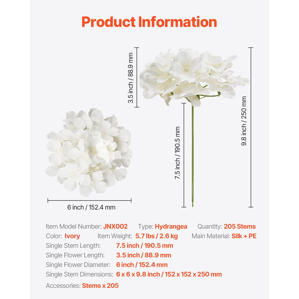 Artificial Flowers, 205 pcs Real Looking White Silk Fake Hydrangea Bulk, White Faux Bridal Shower with Stems for DIY Wedding Bouquets, Home Centerpieces Arrangements, Party Tables Decorations