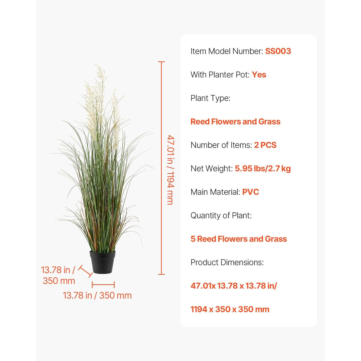 Artificial Grass Plant, 2 Pack 47 inch Reed Flower Grass in Pot, Premium PVC Faux Fake Greenery Shrubs Plant for Indoor Outdoor House Home Garden Office Room Décor, Housewarming, Green