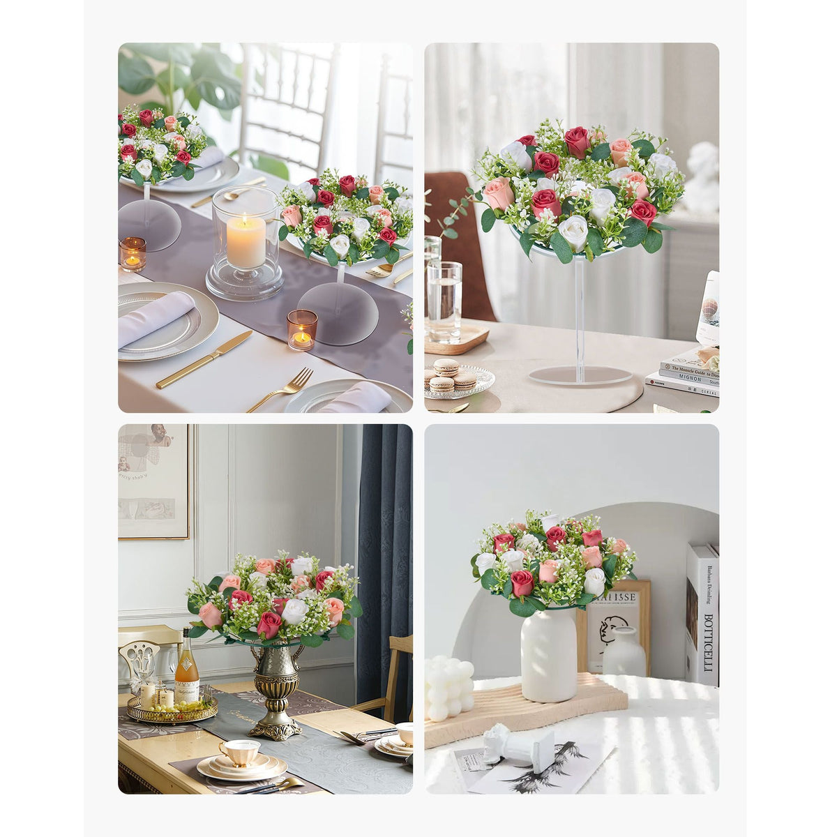 Artificial Rose Wreath, 14-Inch Diameter Faux Flower Wreath with Pink and White Roses, Flower Arrangement Centerpiece for Valentine's, Mother's Day, Party, Wedding and Home Table Décor, 10 PCS