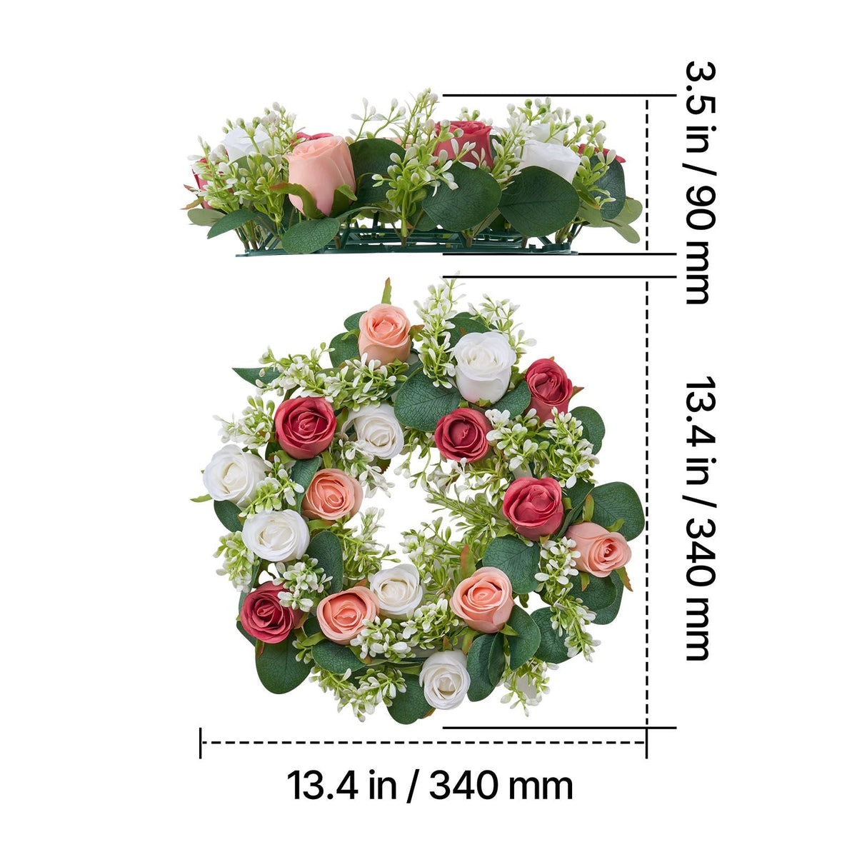 Artificial Rose Wreath, 14-Inch Diameter Faux Flower Wreath with Pink and White Roses, Flower Arrangement Centerpiece for Valentine's, Mother's Day, Party, Wedding and Home Table Décor, 10 PCS