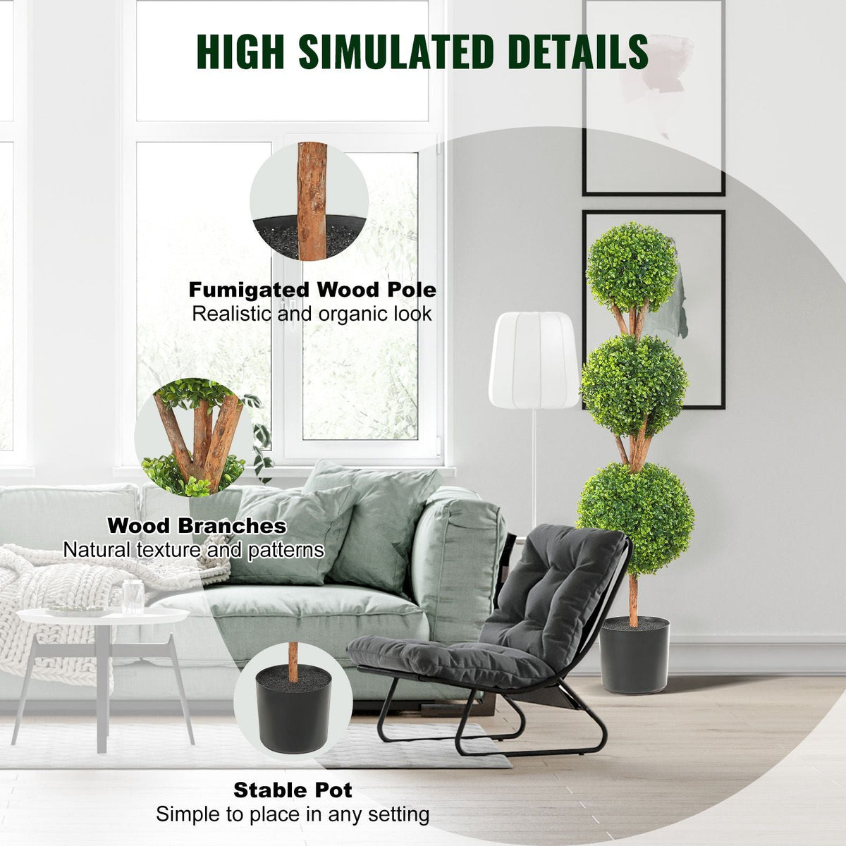 Artificial Topiaries Boxwood Trees, 48 inch Tall (2 Pieces), 3 Ball-Shape Faux Topiaries Plant with Planters, Green Feaux Plant w/ Replaceable Leaves & Port for Decorative Indoor/Outdoor/Garden